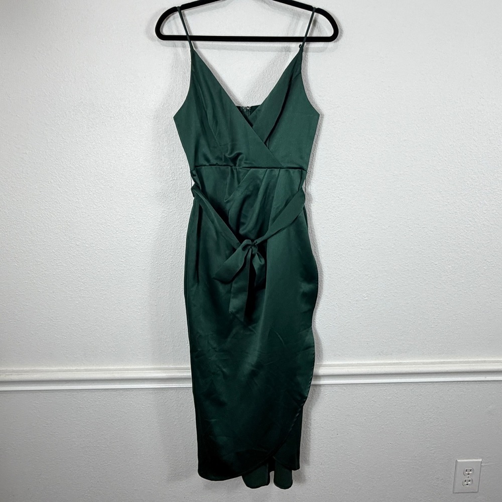 Lulus Satin Midi Dress Women M Green Faux Wrap Cocktail Party Adjustable Strap
